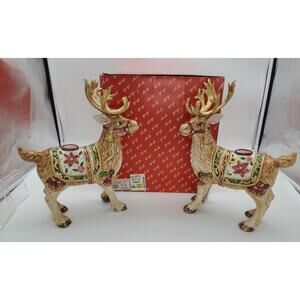 1990's Fitz & Floyd 2 Ceramic Father Christmas Reindeer Candleholders & Box